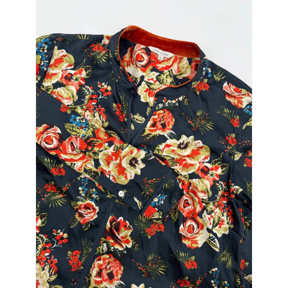 John Mark Shirt Womens Large Black Red Floral Blouse Career Colorful‎ Roll Tab